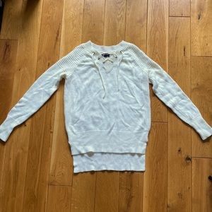White knit sweater with lace up neckline